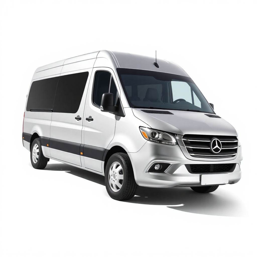 a modern silver passenger van, side-front view, on a clean white background, photorealistic studio shot