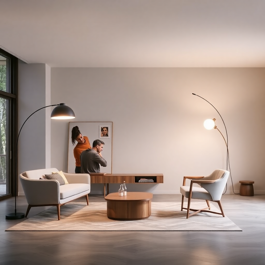 contemporary designer lighting and minimalist furniture