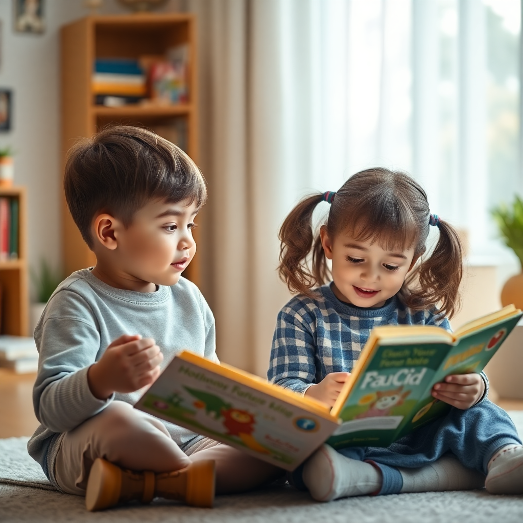 children learning together with AI technology, diverse kids reading books, modern educational environment, warm lighting