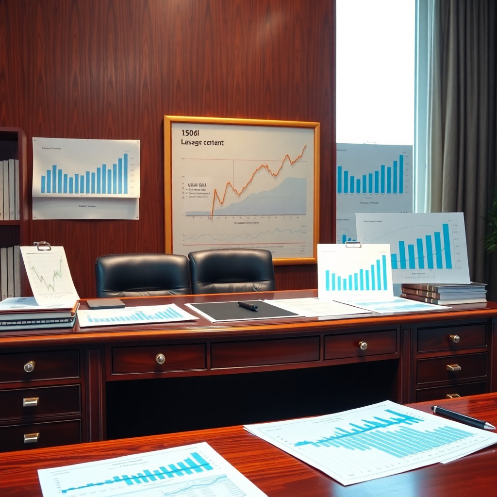 financial charts and documents on a mahogany desk, professional lighting