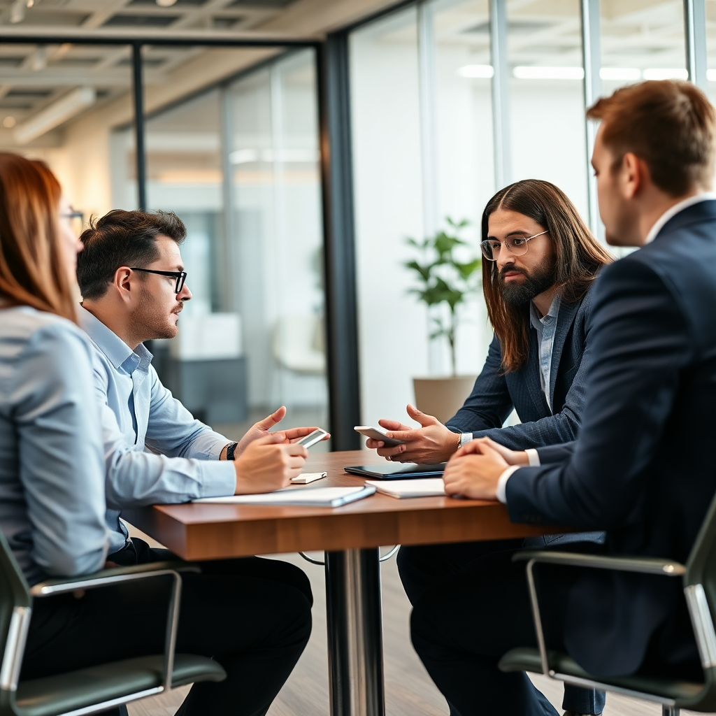 professional business consultation meeting, tech experts discussing digital solutions, modern office environment, collaborative atmosphere
