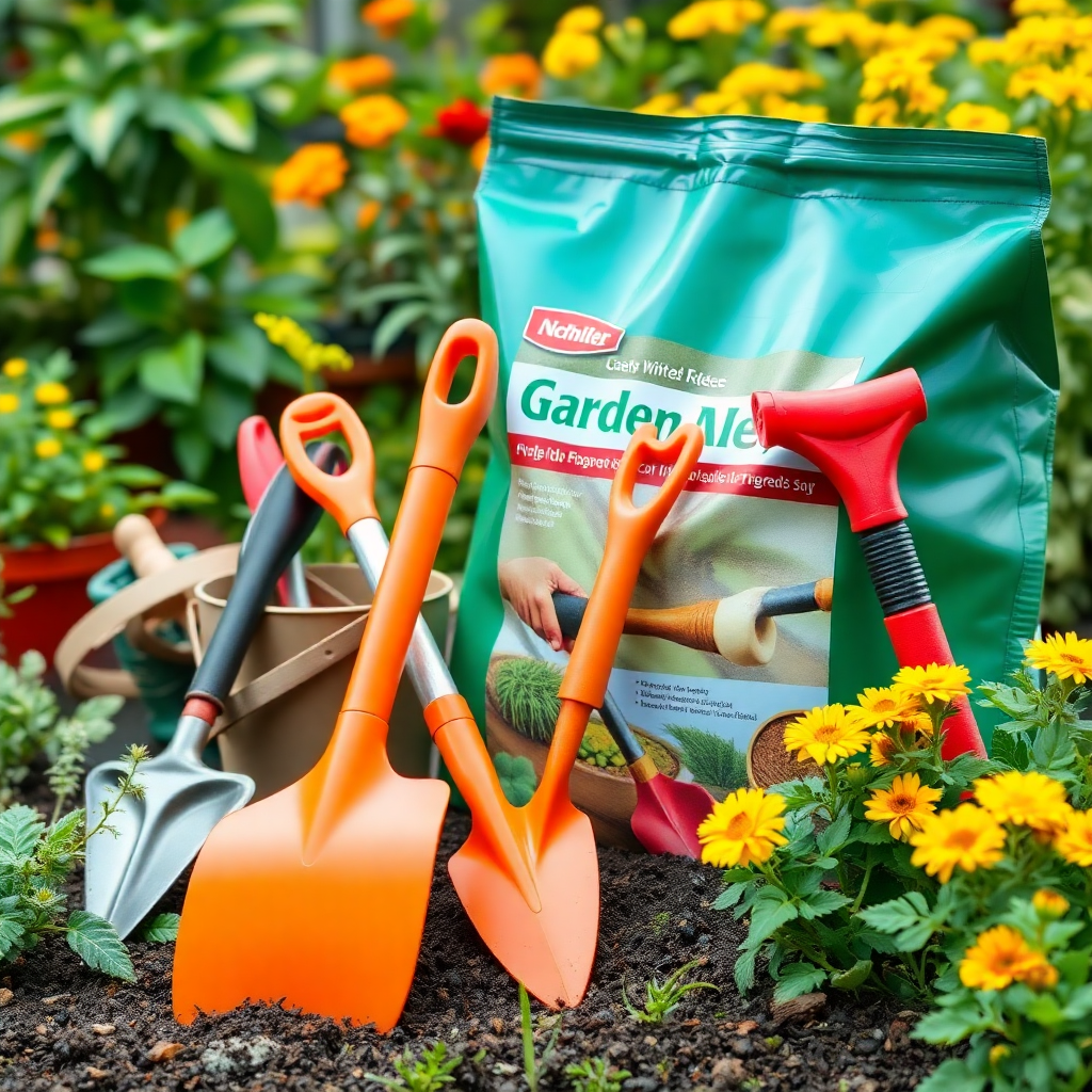 garden tools and fertilizers, gardening equipment, plant care products