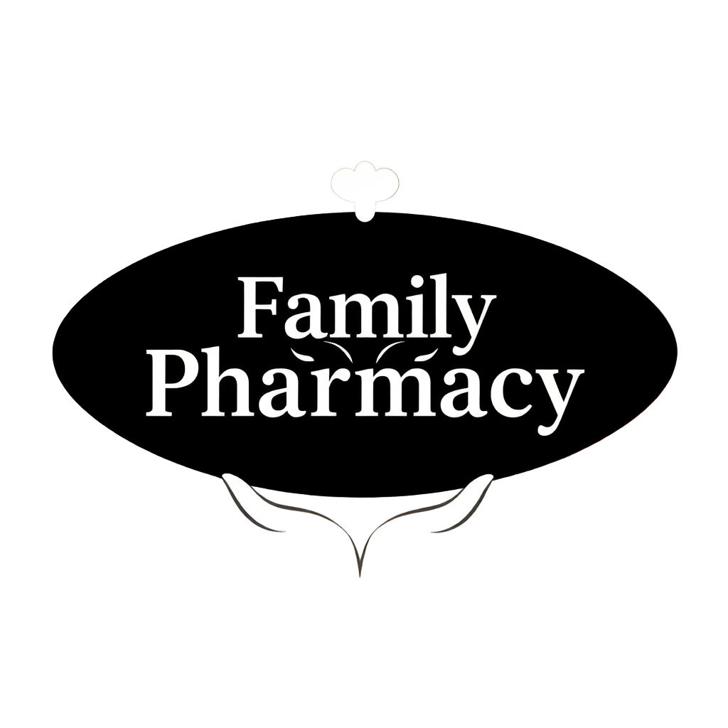 family pharmacy logo with caring hands symbol
