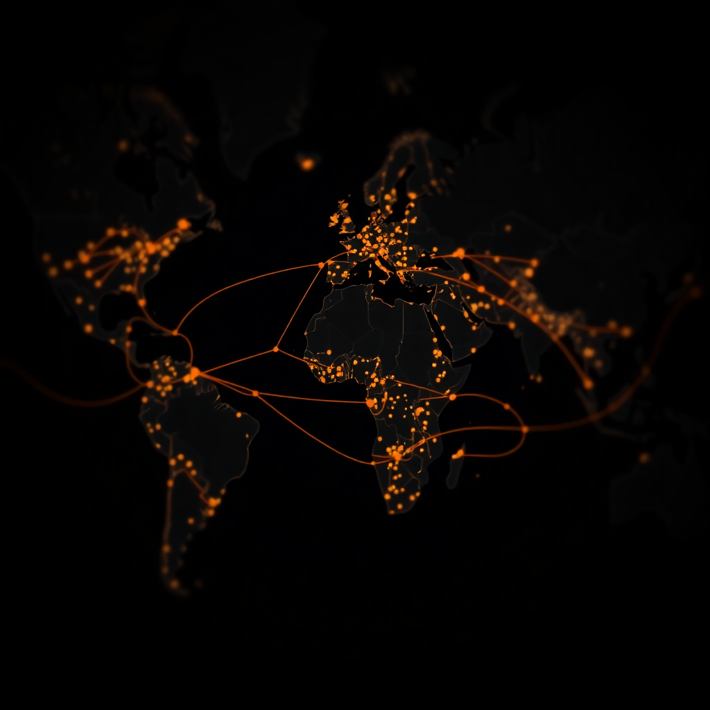 Abstract data visualization of global trade routes in dark mode with orange accents