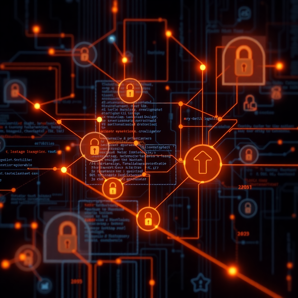 Abstract dark tech illustration showing interconnected nodes, code snippets, and security scanning tools
