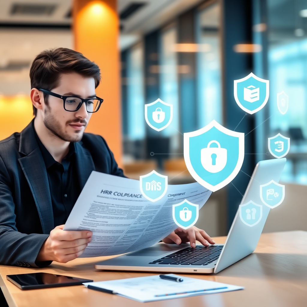 Professional office setting showing HR manager reviewing digital compliance documents on laptop with data security shield icons, DPDP Act concept, modern corporate environment, blue and orange color scheme