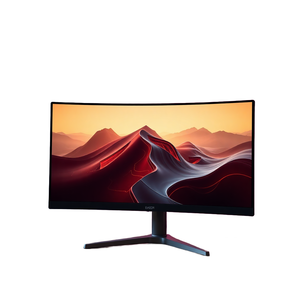 gaming monitor display screen product shot, curved, modern