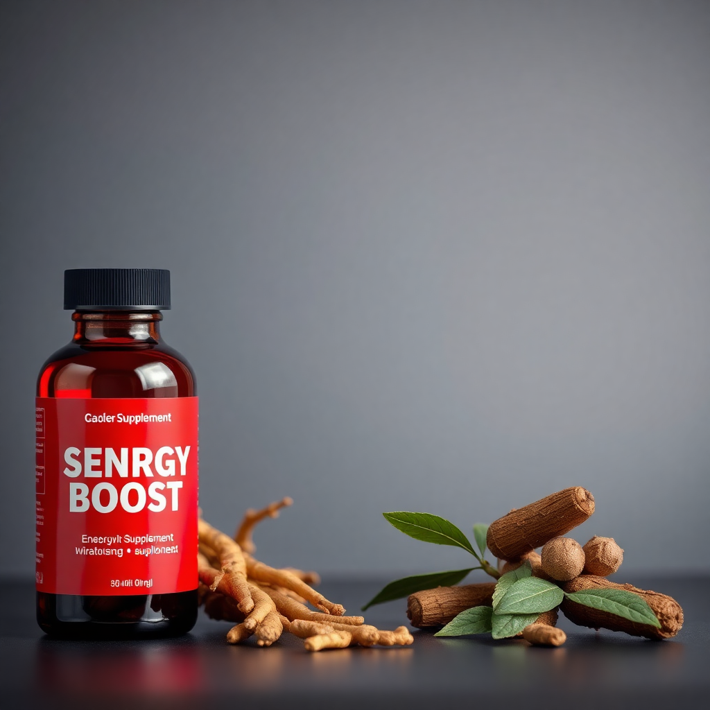 energy boost supplement with ginseng and maca root, red bottle, professional product photography