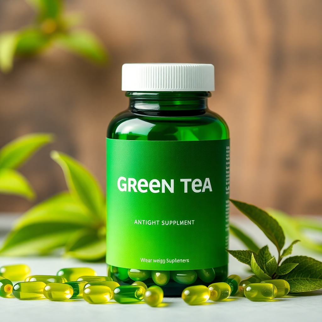 green tea extract capsules, green bottle, antioxidant supplement, weight management, professional photo
