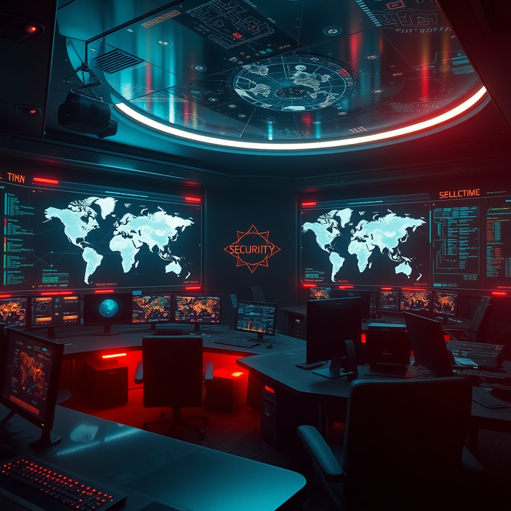 a high-tech security command center with glowing world maps and data streams, dark and cinematic with accents of red and gold