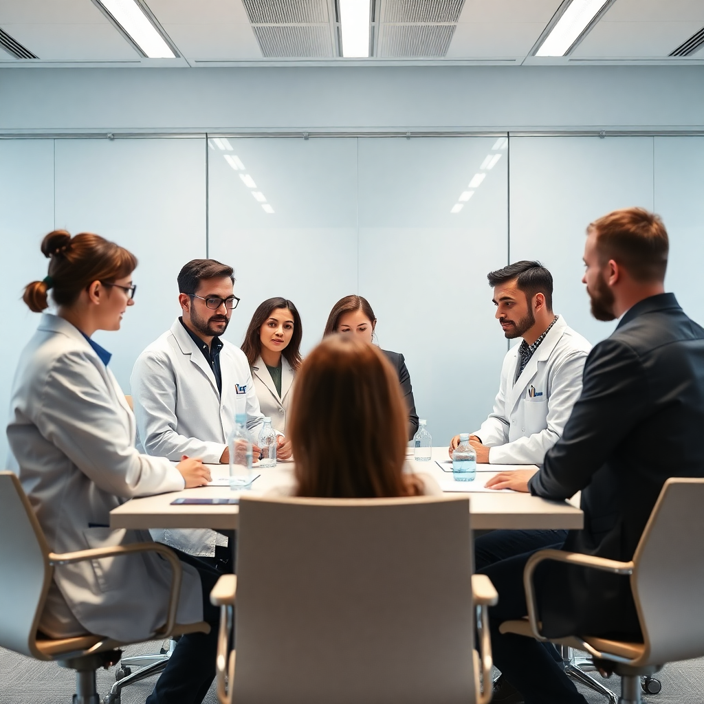 A diverse group of scientists collaborating in a modern conference room setting, professional and bright