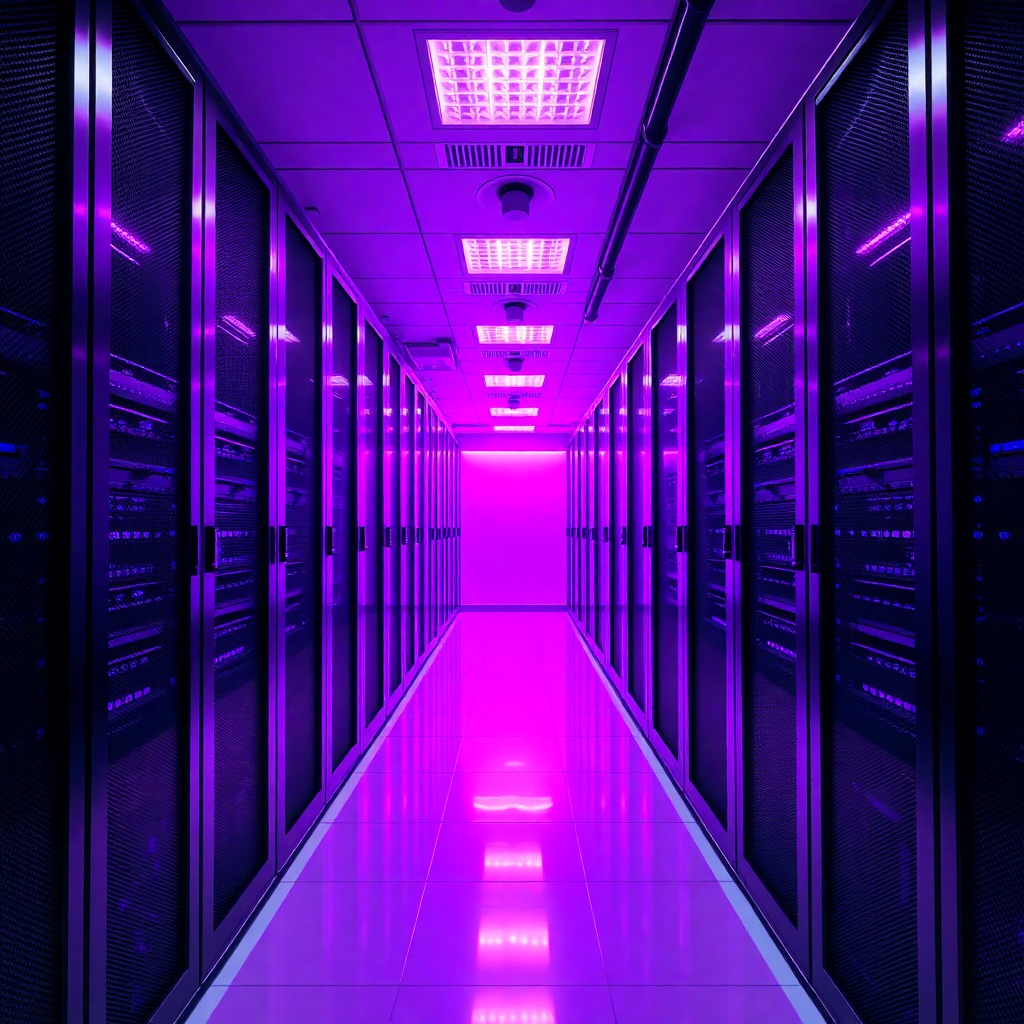 modern data center servers rack corporate style purple lighting