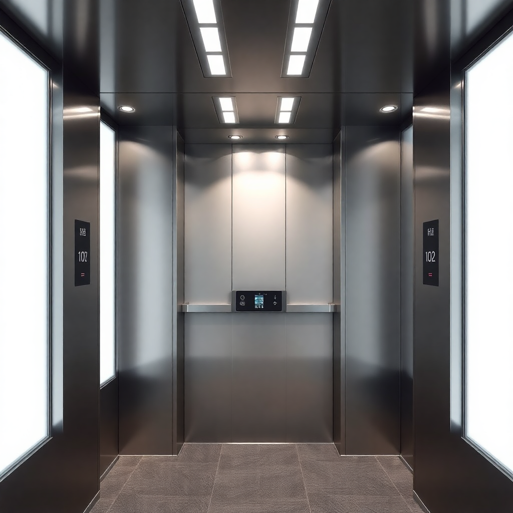 modern passenger elevator interior, sleek design, stainless steel, LED lighting, corporate style