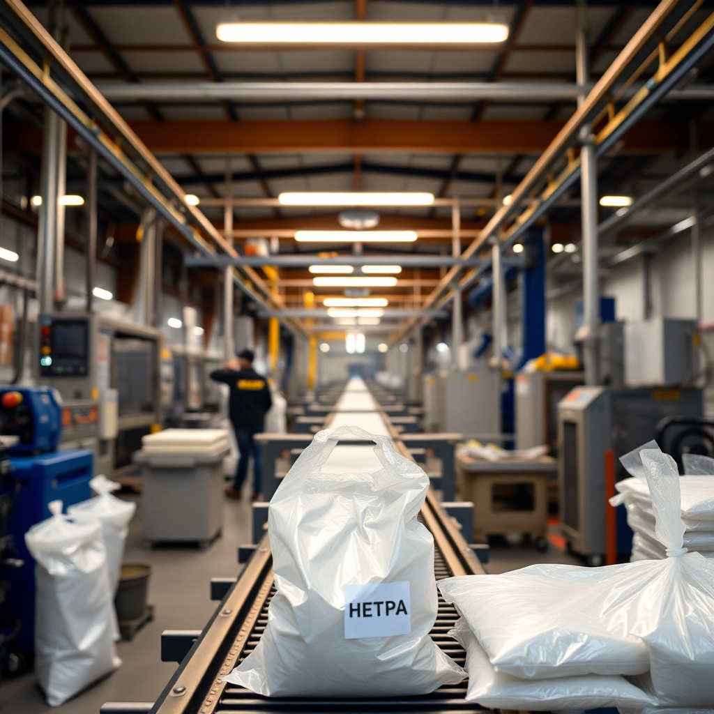 modern industrial biodegradable plastic packaging manufacturing facility, production line with HDPE and LDPE bags, professional industrial photography, wide angle, bright lighting