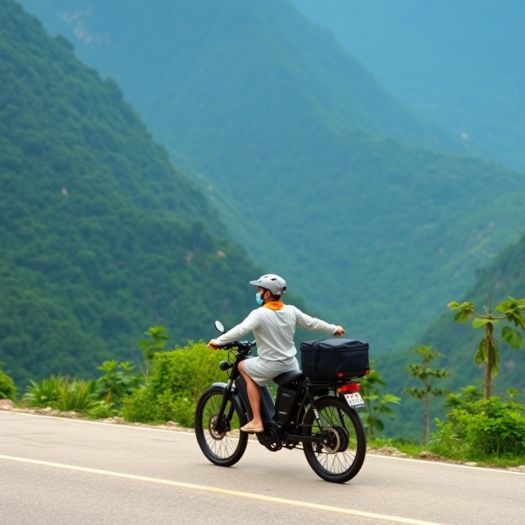person riding electric bike on scenic Vietnam mountain road with lush greenery, professional photography