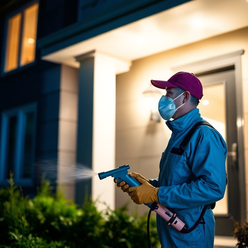 Professional pest control technician in uniform spraying treatment around modern home exterior, dark moody lighting