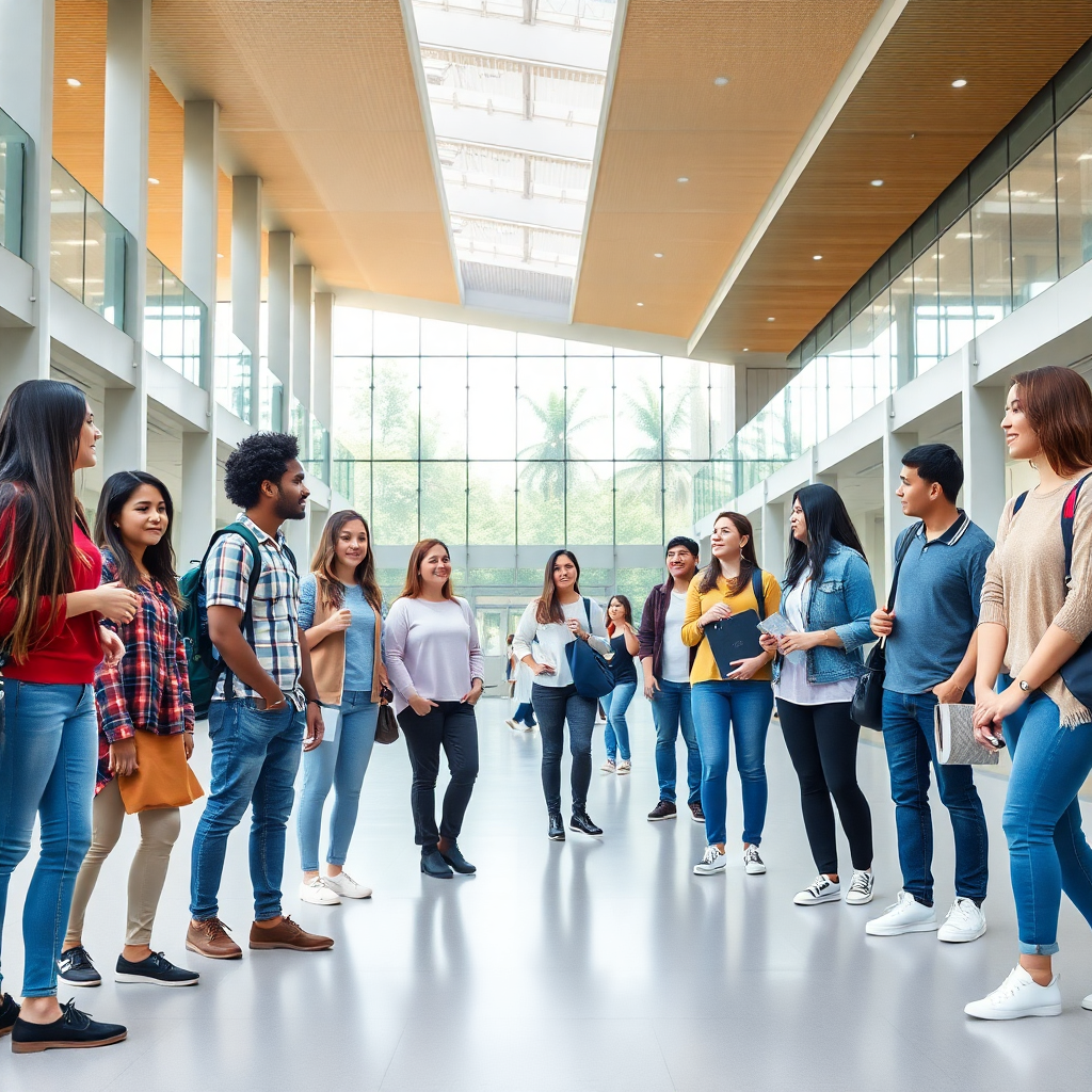 Diverse international students in modern university campus, contemporary architecture, bright natural lighting, collaborative learning environment, inclusive education, editorial lifestyle photography