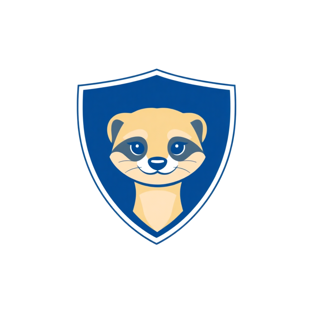 blue shield logo with a cute beige meerkat suricat face inside, minimalist flat vector style, white background