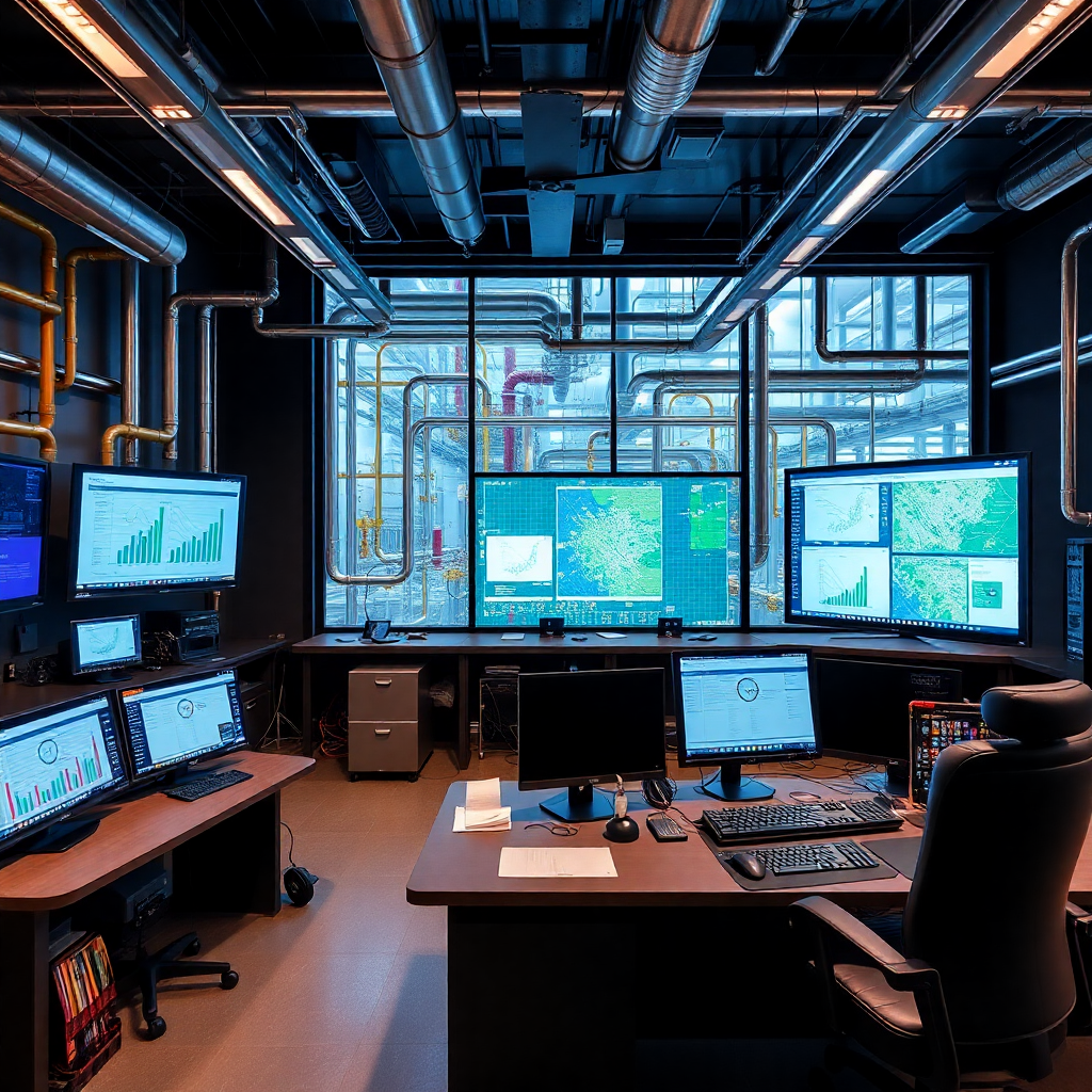 modern industrial control room with monitors and equipment oil refinery
