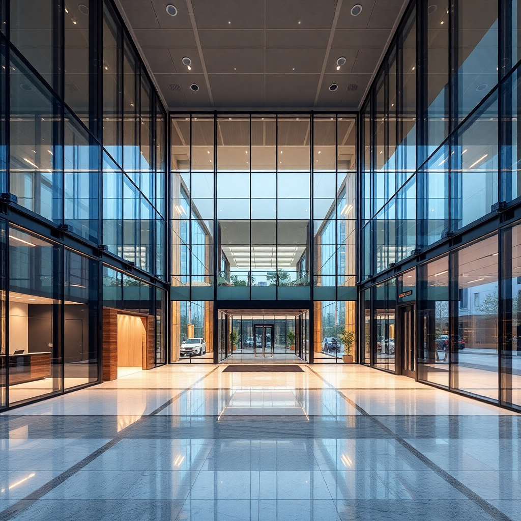Sleek corporate office building lobby with glass and steel architecture