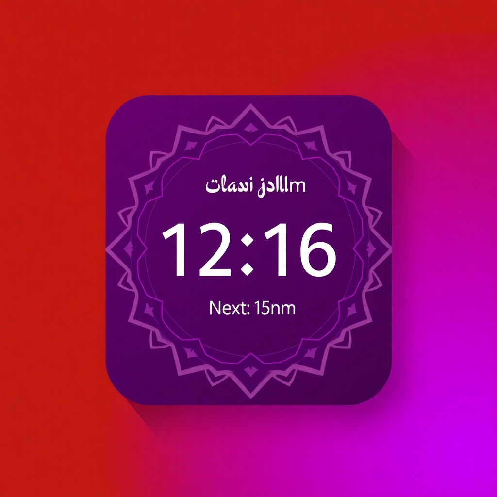 Islamic app prayer time card showing next prayer Maghrib in 2h 15m with elegant purple gradient design