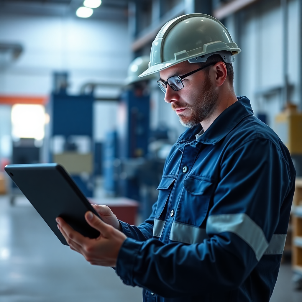 Professional engineer looking at tablet in industrial setting, blue tones
