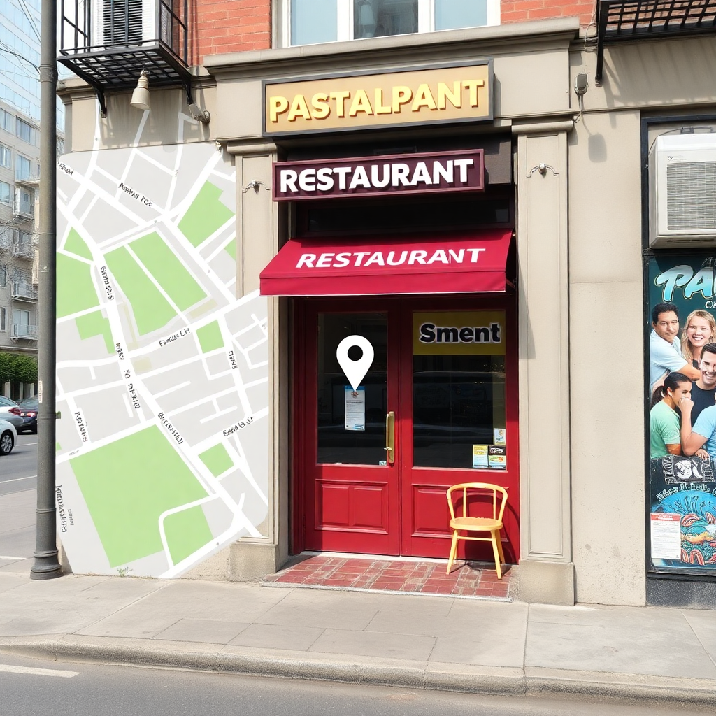 restaurant location map view, urban restaurant exterior street view