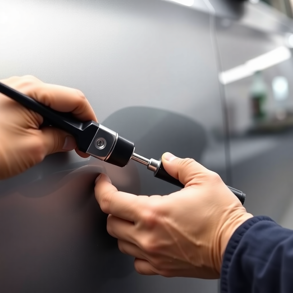 close-up of paintless dent repair process, technician hands using specialized tools, automotive repair technique