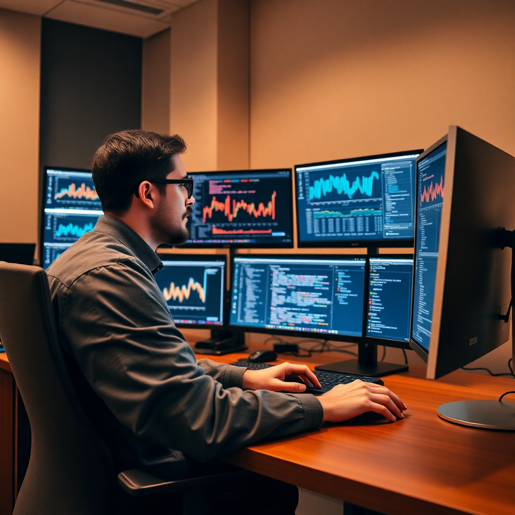 professional data scientist working with multiple monitors showing data visualizations and code, modern office setup, brown and tan color scheme