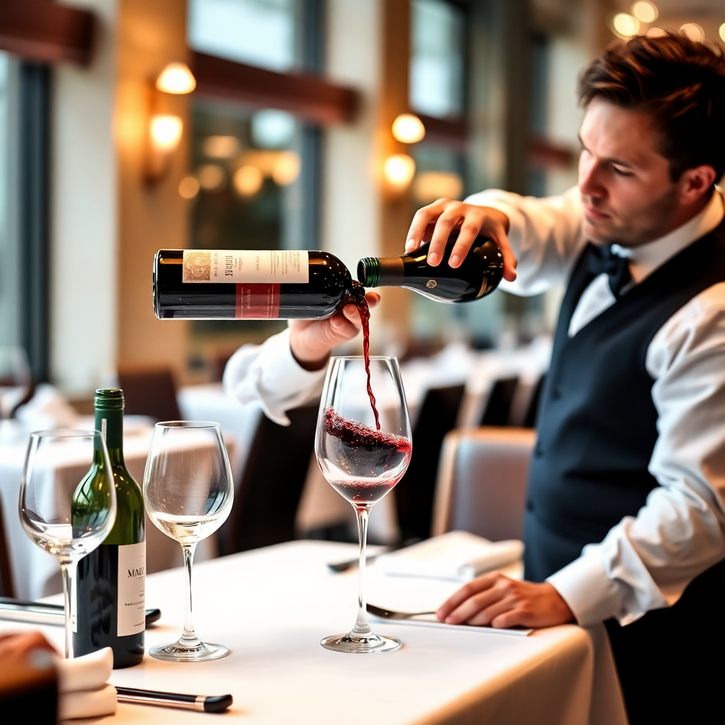 sommelier pouring wine in fine dining restaurant, wine service