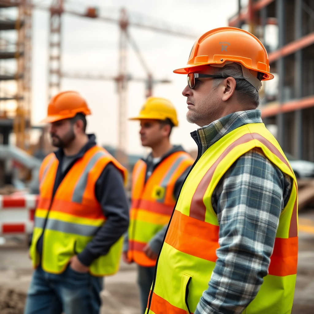 construction workers wearing safety equipment and PPE on construction site, safety helmets and high-visibility vests