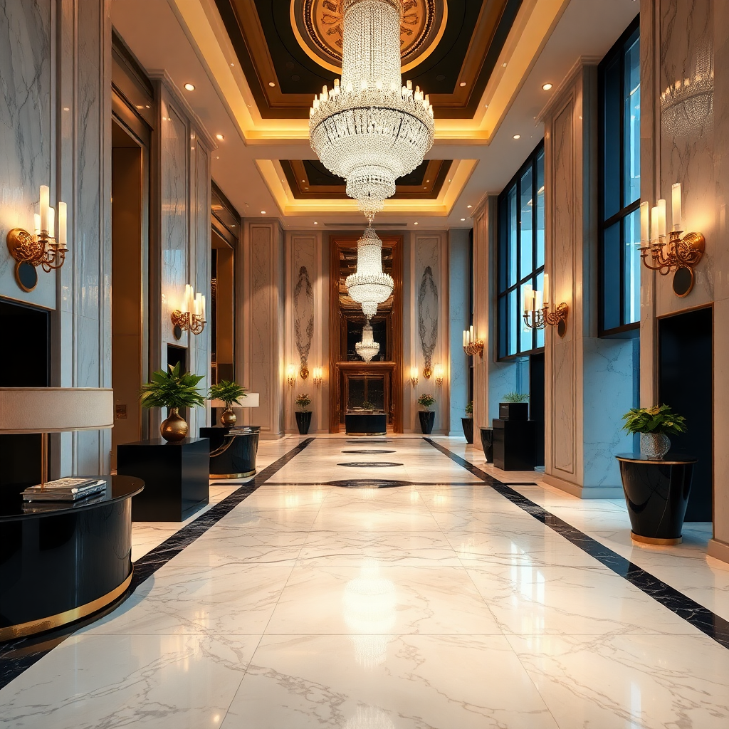 elegant luxury hotel lobby with marble floors, crystal chandeliers and gold accents, dramatic lighting