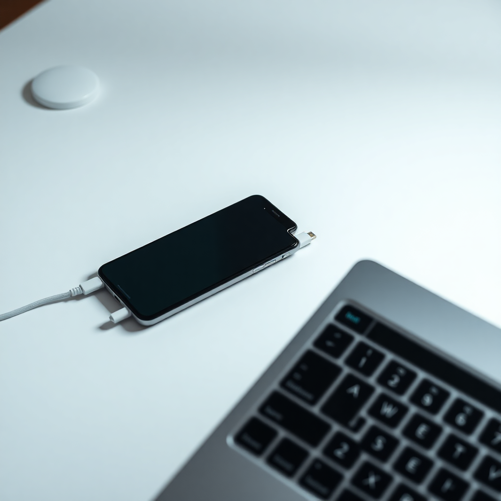 USB cable connecting smartphone to laptop for direct screen mirroring