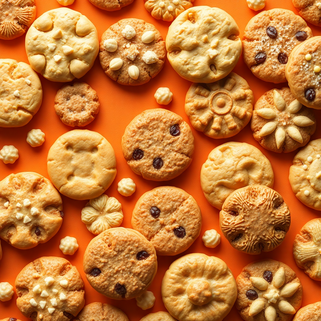 pattern of various cookies on a warm background