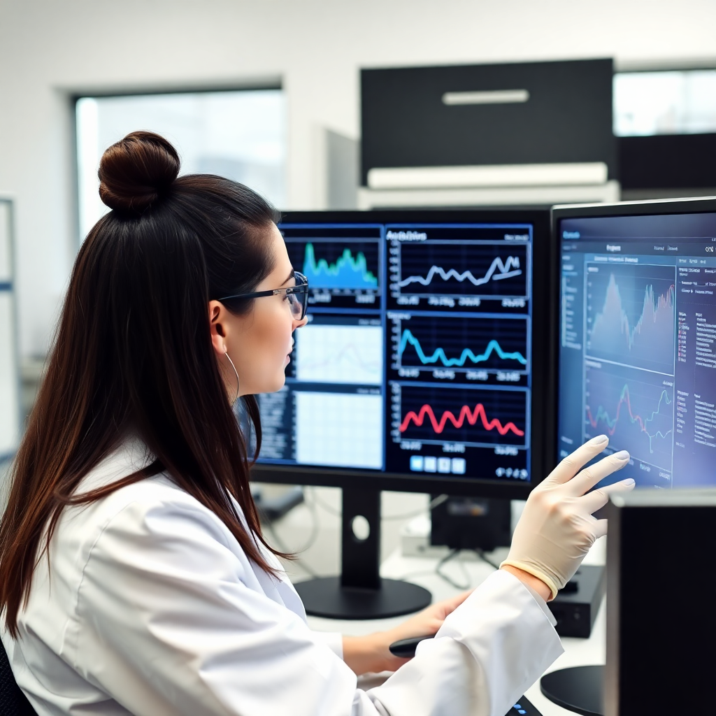 lab technician in white coat reviewing analytical graphs and molecular property sheets on computer screen in modern laboratory
