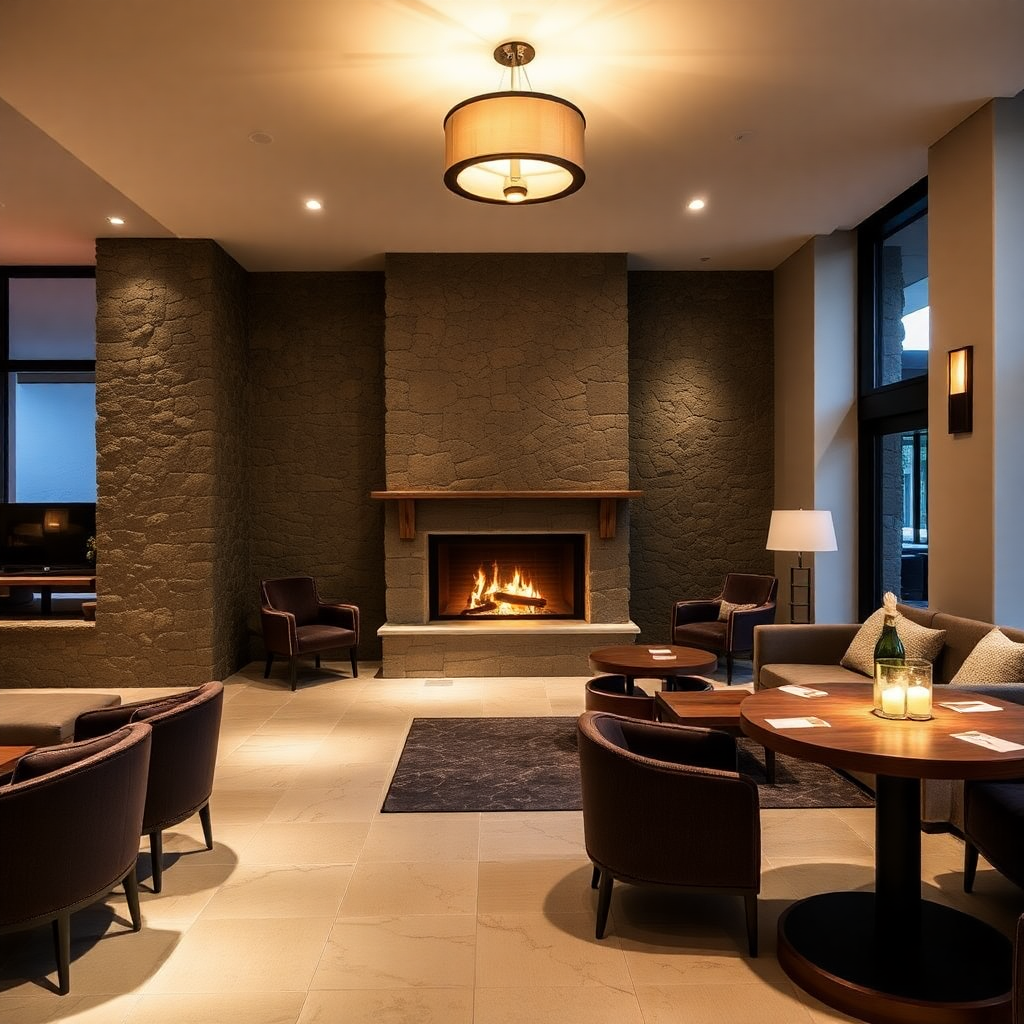 Sport Hotel Hermitage interior luxury alpine lobby warm stone fireplace mountain chalet aesthetic premium hospitality editorial photography dark moody warm light