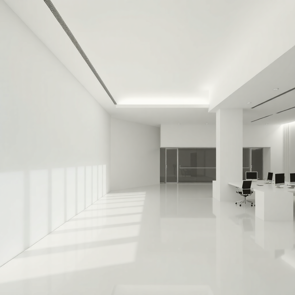 Minimalist architectural office interior, lots of white space, clean lines, elegant lighting, subtle shadows, editorial style