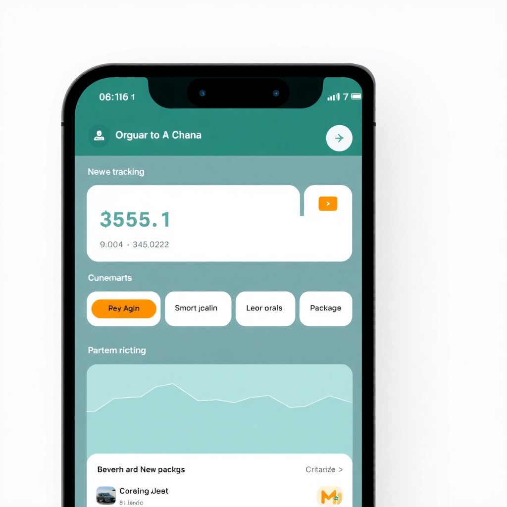 mobile app UI showing logistics dashboard with package tracking from USA to Ghana, dark green header, orange accent colors