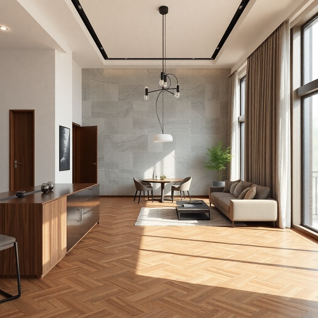 luxury apartment interior wood flooring and natural stone