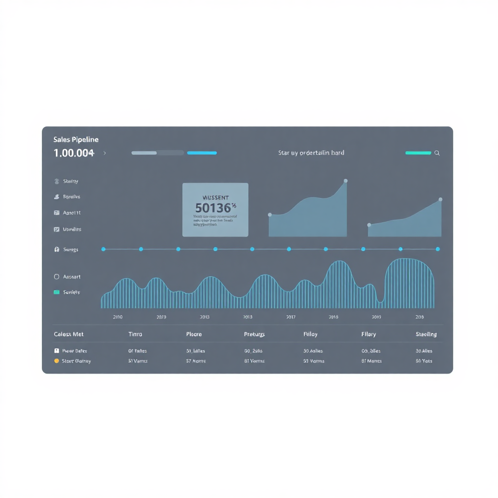 Clean vector dashboard with straightforward sales pipeline illustration in bright blue and dark gray, minimalist UI elements, abstract data visualization, ultra-minimalist flat design style