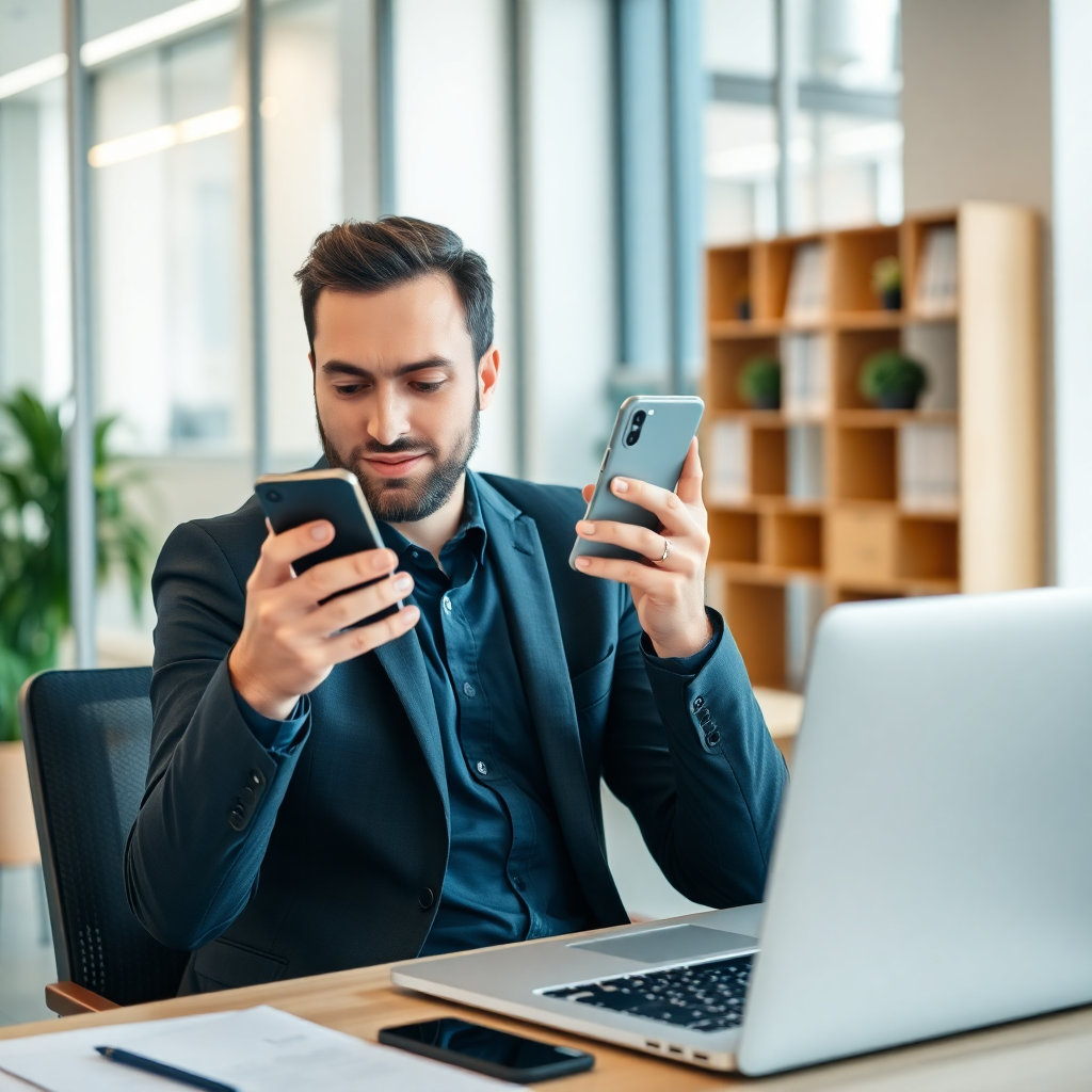 business owner at desk using smartphone and laptop, email notifications, modern office