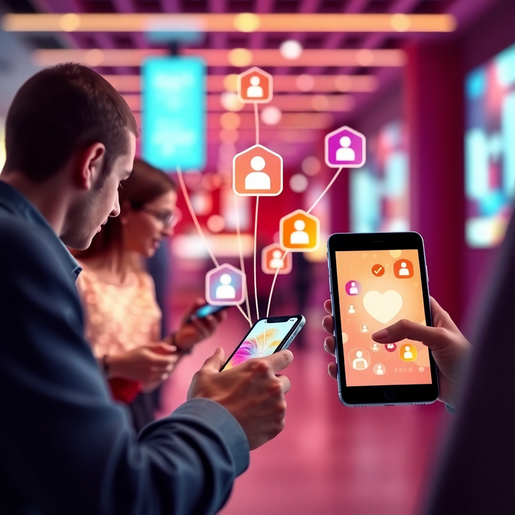 social networking connection people using smartphones and tablets, modern vibrant colors