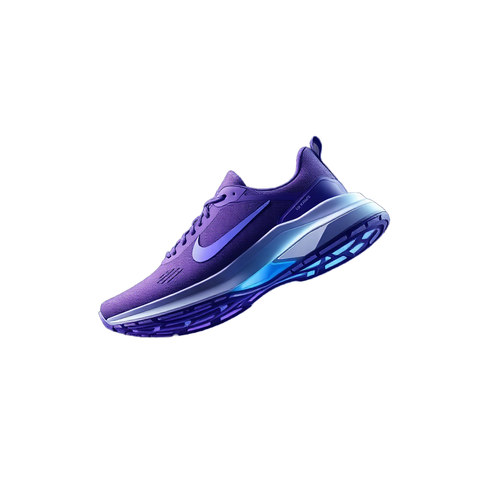 futuristic high-tech running shoe side view dynamic angle purple and indigo color scheme floating in air