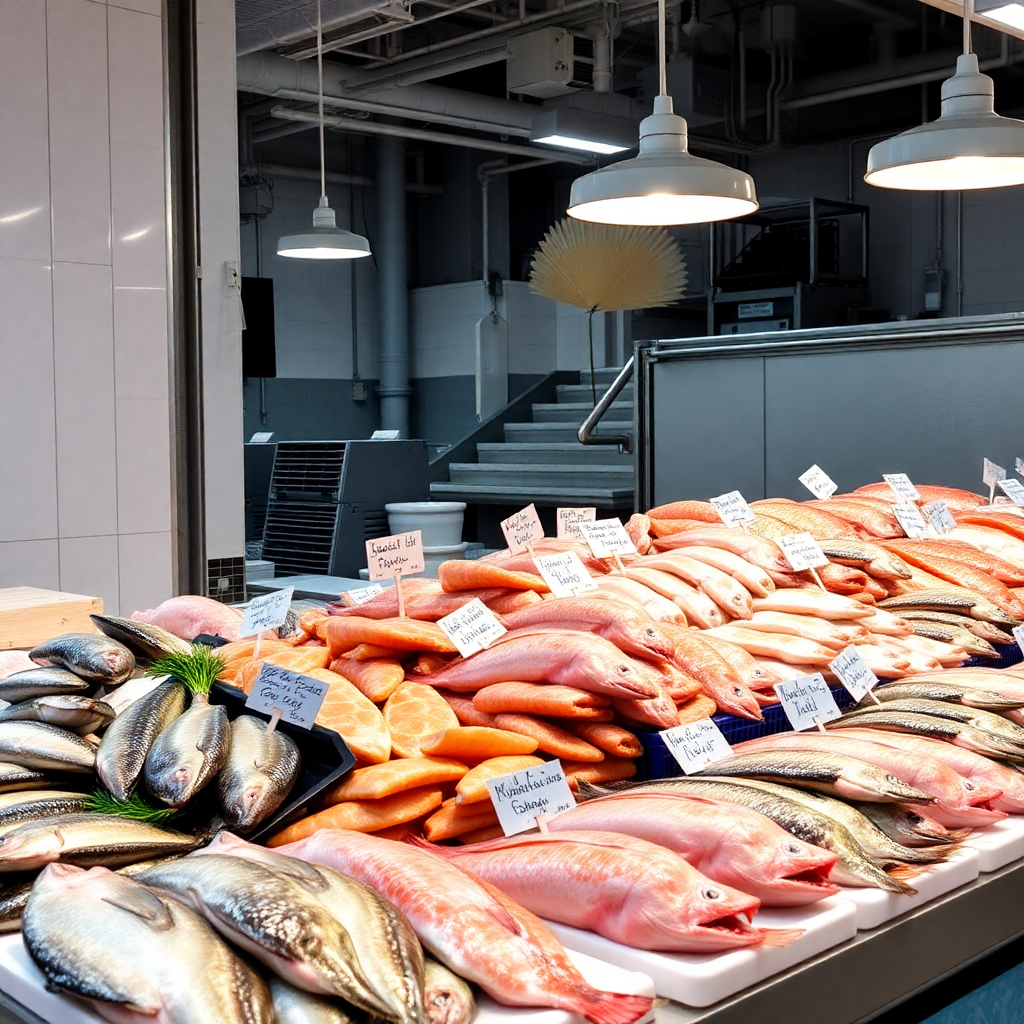 seafood supplier with fresh fish display, professional, clean environment