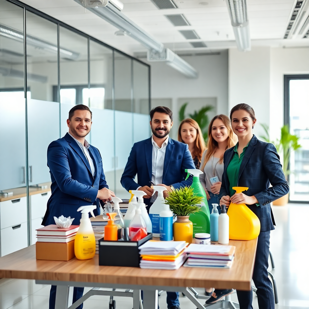 professional team in modern office with cleaning products and office supplies, mexican business environment, bright and organized
