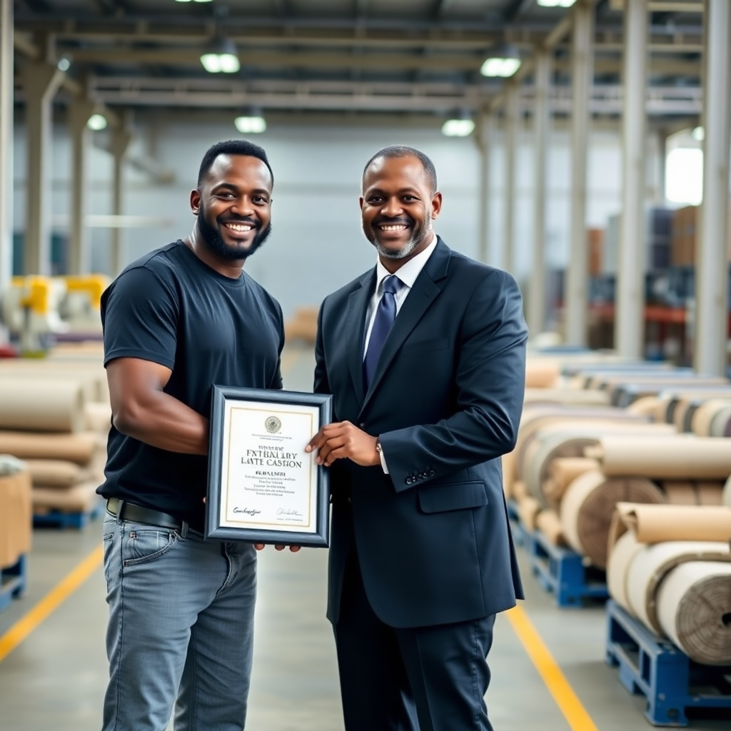 two business men shaking hands in a textile factory warehouse
