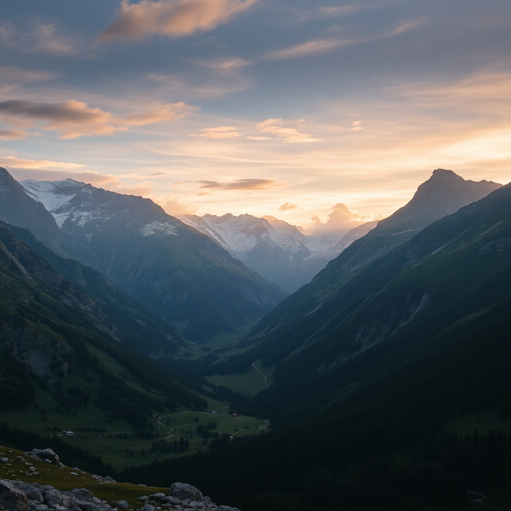 dramatic Pyrenees mountain landscape Andorra Escaldes-Engordany valley pristine alpine vista golden hour light luxury private moment cinematic landscape photography editorial style deep green tones