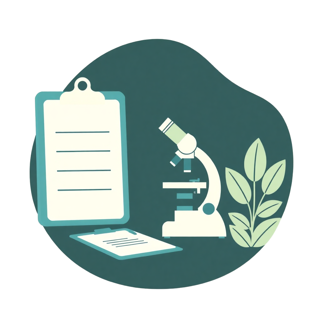 Minimalist vector style illustration of a microscope and clipboard, agricultural theme, teal and cream colors