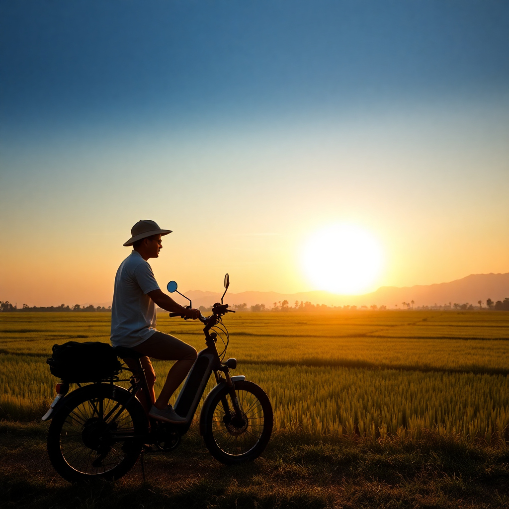 sunset over rice fields in vietnam with silhouette of person on electric bike, professional photography