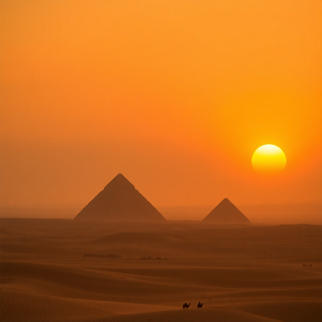 Majestic Egyptian desert landscape with pyramids silhouette at golden hour sunset